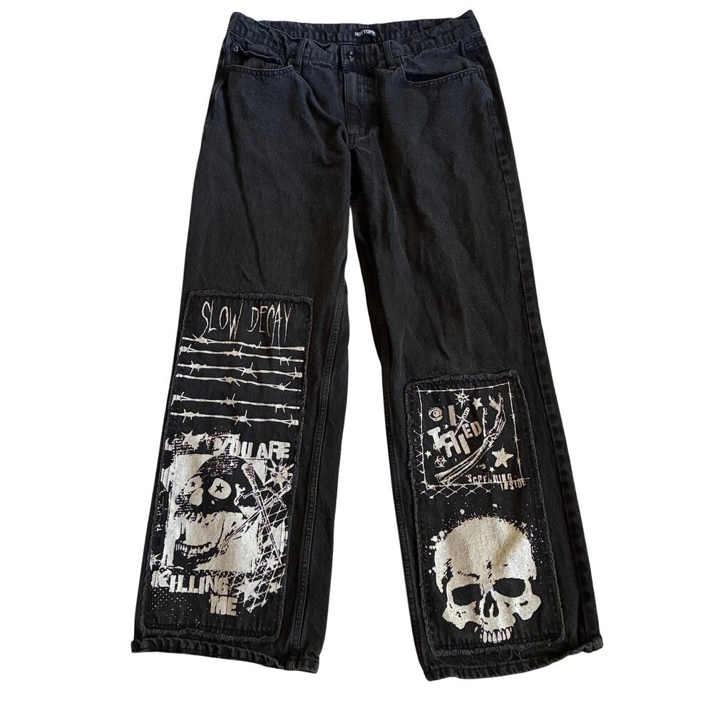 Hot Topic Jeans Mens 34 x 32 Y2K Wide Leg Goth Black Skull Denim Punk Patch